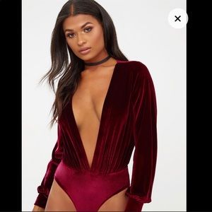 NWT Burgundy Velvet Deep V-neck Bodysuit